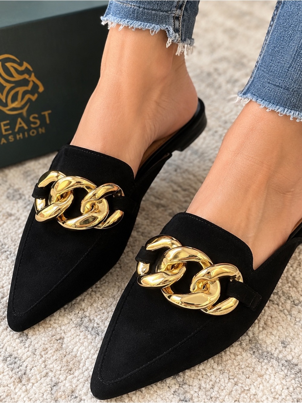 BEAST FASHION Black Suede Pointed Slip-On Mules with Chunky Gold Chain